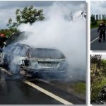 Incendiu pe drumul ce leagă Timișoara de Jebel. O mașină a ars ca o torță. Foto