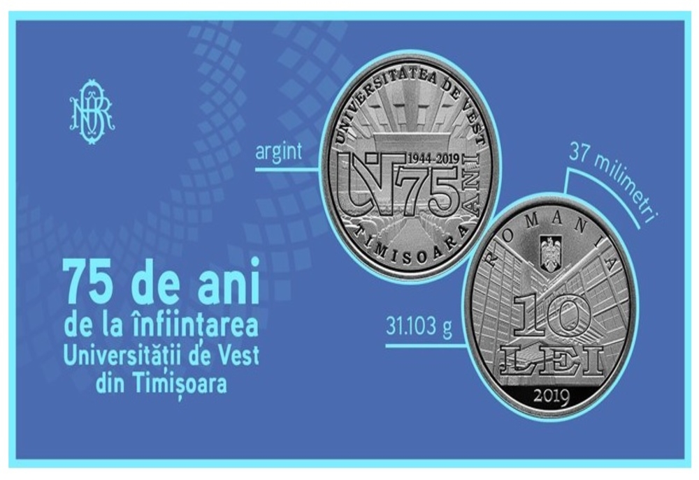 Monedă de argint, serie limitată, lansată cu ocazia aniversării Universității de Vest