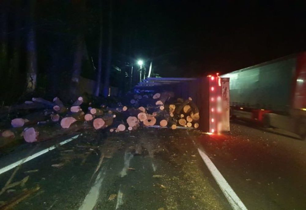 FOTO | Un șofer din Călărași s-a răsturnat cu tirul plin cu lemne pe DN1, la Posada!