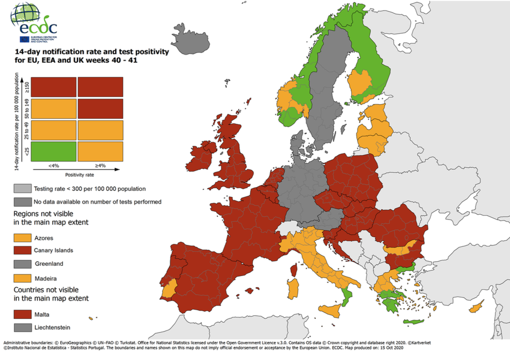 România, marcată cu roşu pe noua hartă europeană de risc epidemic pentru COVID-19