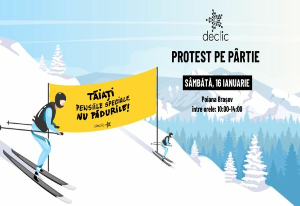 Protest pe schiuri: ”Tăiați pensiile speciale, nu pădurile!”, astăzi, în Poiana Brașov