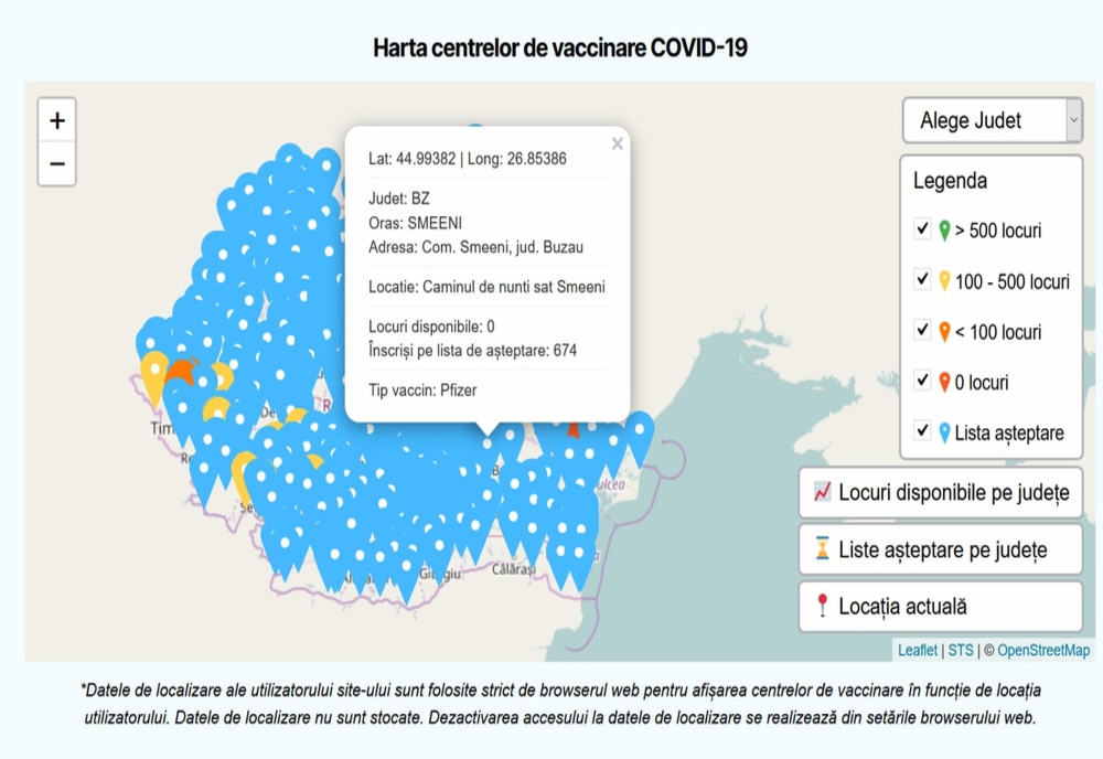 Harta centrelor de vaccinare organizată în funcţie de tipul de vaccin este disponibilă începând de azi