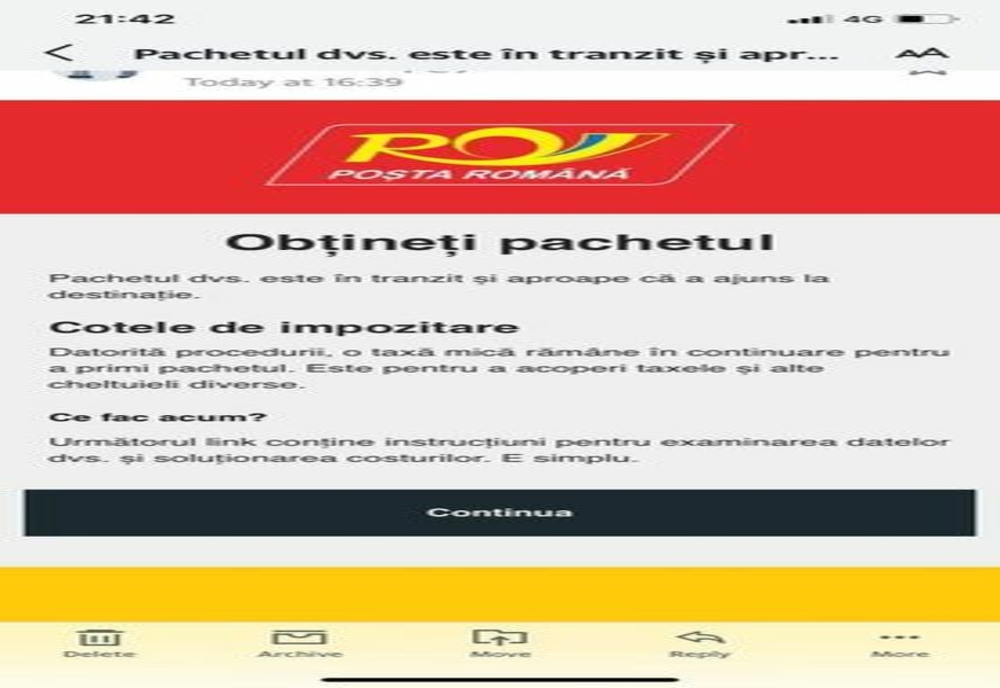 Tentativă de fraudă care folosește identitatea vizuală de la Compania Naţională Poşta Română