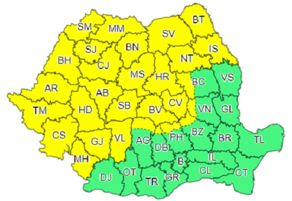 Avertizare COD GALBEN, în 29 de județe, printre care și  Bistrița-Năsăud, Bihor, Cluj, Maramureș, Mureș, Satu Mare și Sălaj