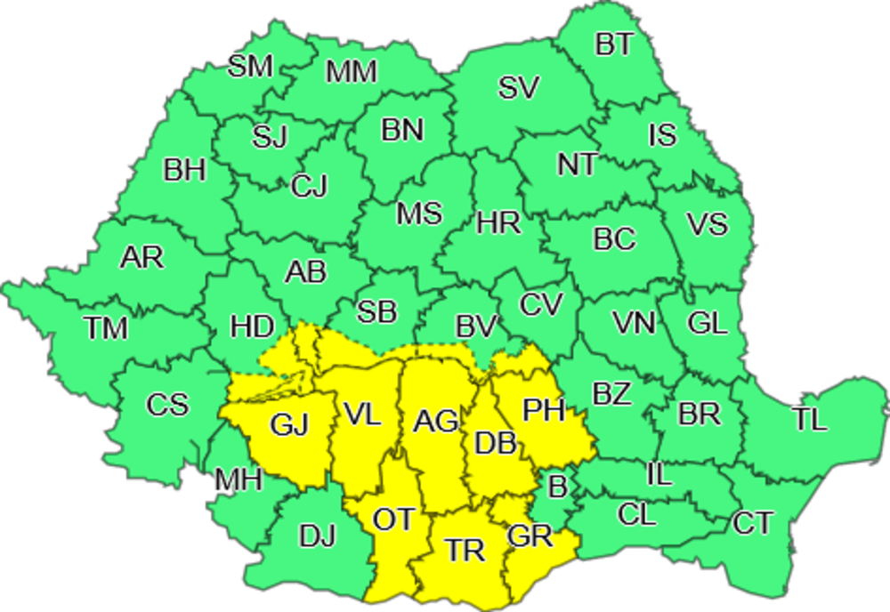 Cod Galben de ploi şi instabilitate atmosferică, valabil pentru mai multe judeţe din Oltenia, Muntenia şi o parte din Transilvania