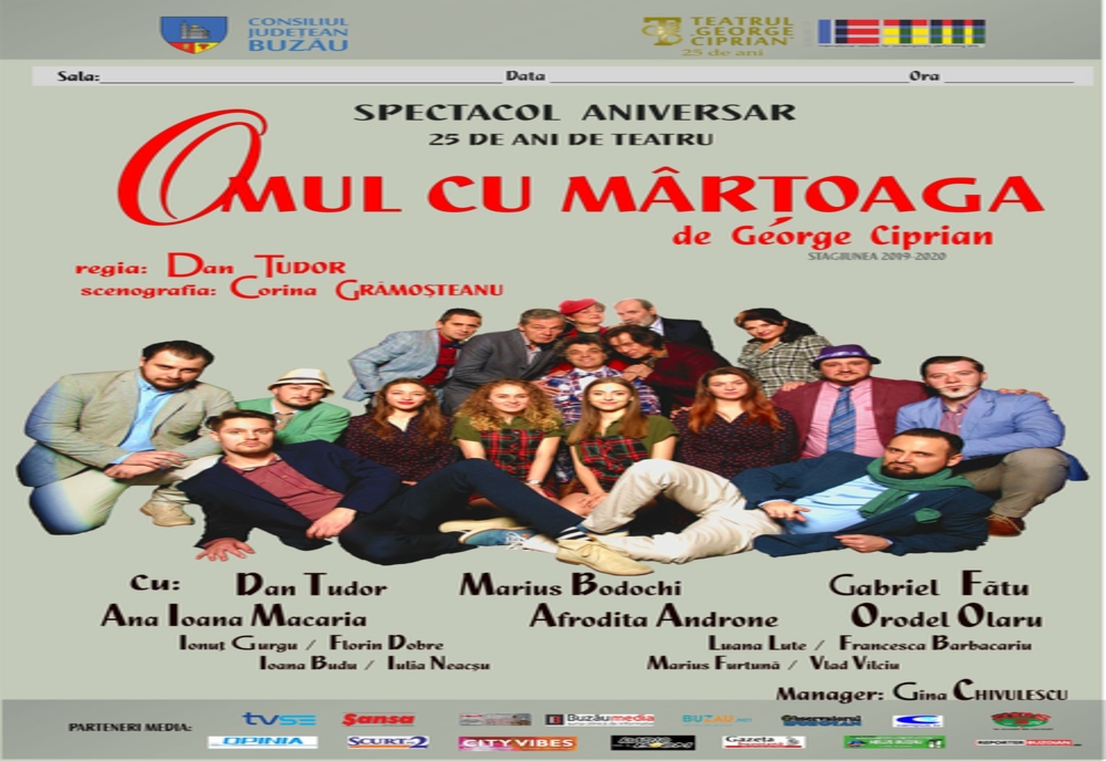 Premiera spectacolului de teatru „Omul cu mârțoaga” în regia lui Dan Tudor va avea loc sâmbătă 10 iulie, la Teatrul George Ciprian din Buzău, de la ora 18:00