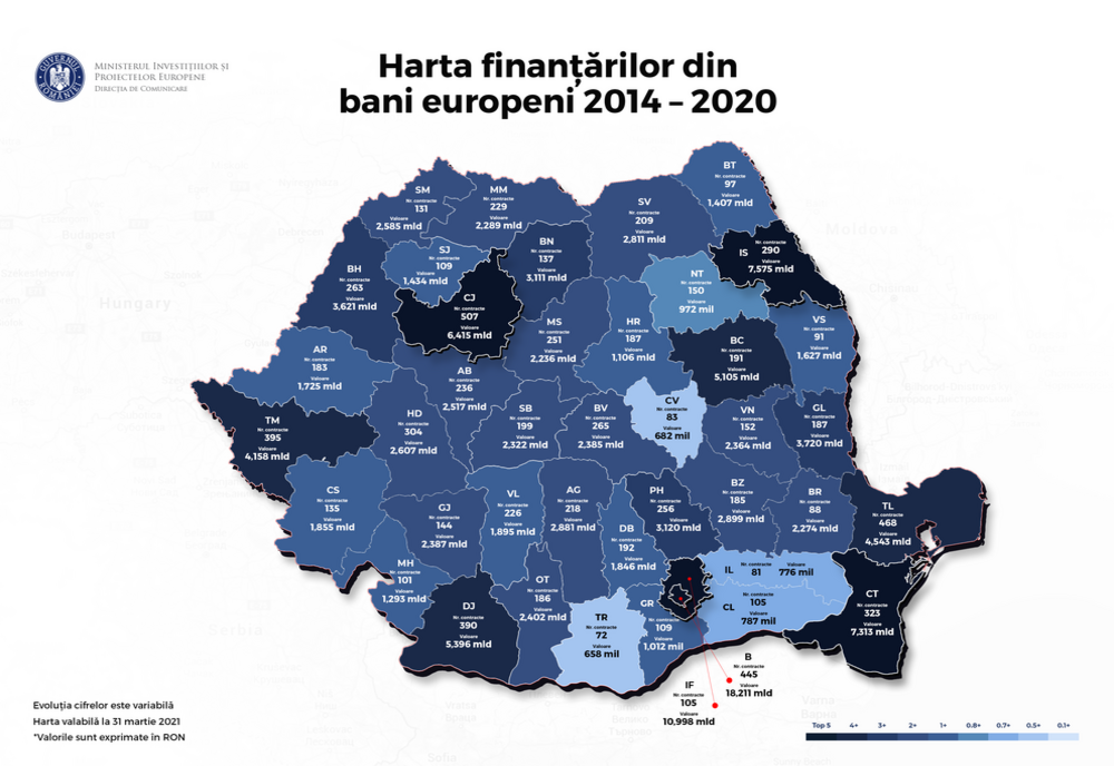 Finanțări din fonduri europene până la data de 31 martie 2021 în județul Galați