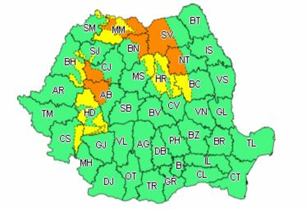 Cod galben emis de meteorologi în județele Caraș-Severin și Hunedoara