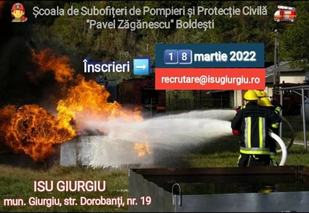 Vrei să devii pompier? 300 de locuri scoase la concurs, la Şcoala de Subofiţeri de Pompieri şi Protecţie Civilă „Pavel Zăgănescu” Boldeşti