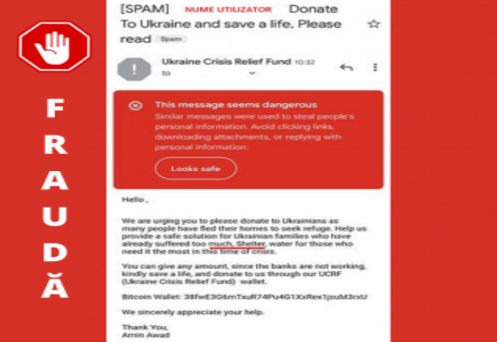 ALERTĂ: Tentativă de fraudă cu donații false pentru cauza Ucrainei propagată prin e-mail