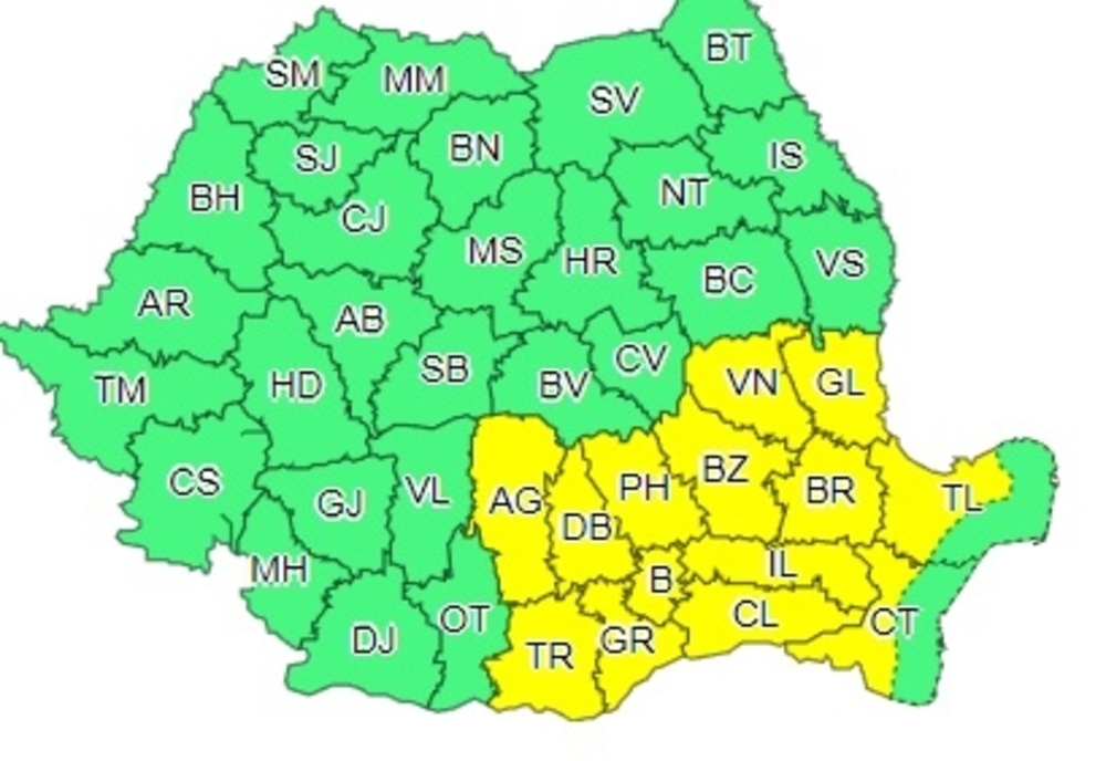 Cod galben de vijelii, ploi torențiale și grindină în 13 județe, inclusiv în București