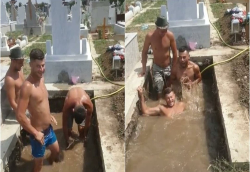 VIDEO Piscină în cimitir: trei gropari au umplut mormântul cu apă și s-au bălăcit