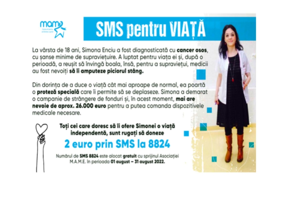SMS pentru viață. Simona Enciu a supraviețuit cancerului, dar are nevoie de o proteză – Și tu poți face minuni donând 2 euro!
