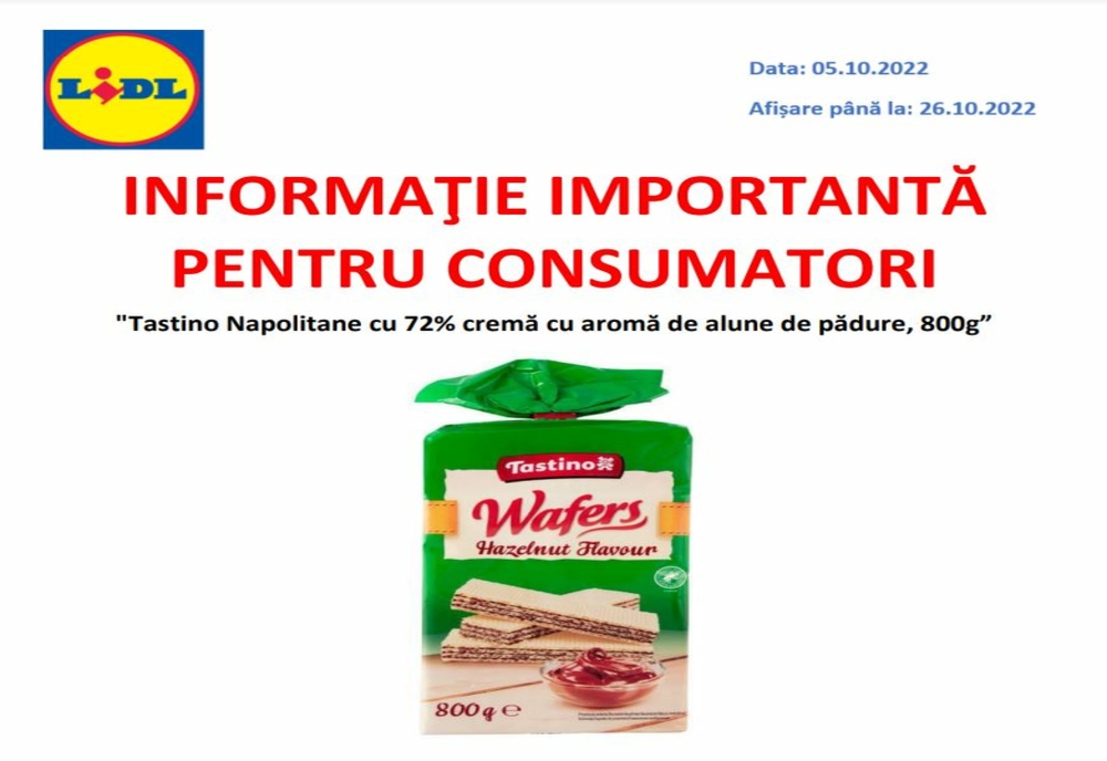 Lidl România retrage de la vânzare toate loturile unui sortiment de napolitane contaminate cu Salmonella