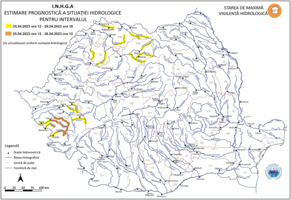 COD GALBEN de inundații pentru cursurile de apă din Bistrița-Năsăud, Cluj, Sălaj, Maramureş şi Satu Mare