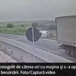 Scene de groază, în Lugoj. A adormit la volan și s-a trezit cu mașina răsturnată în benzinărie VIDEO