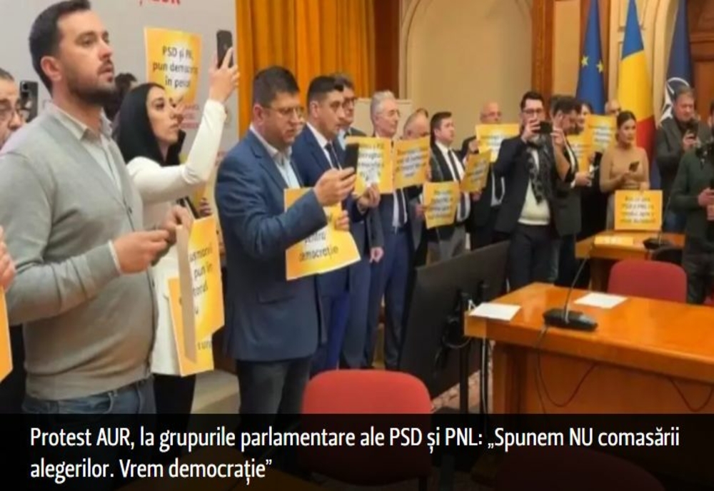 Protest AUR, la grupurile parlamentare ale PSD și PNL: „Spunem NU comasării alegerilor. Vrem democrație”