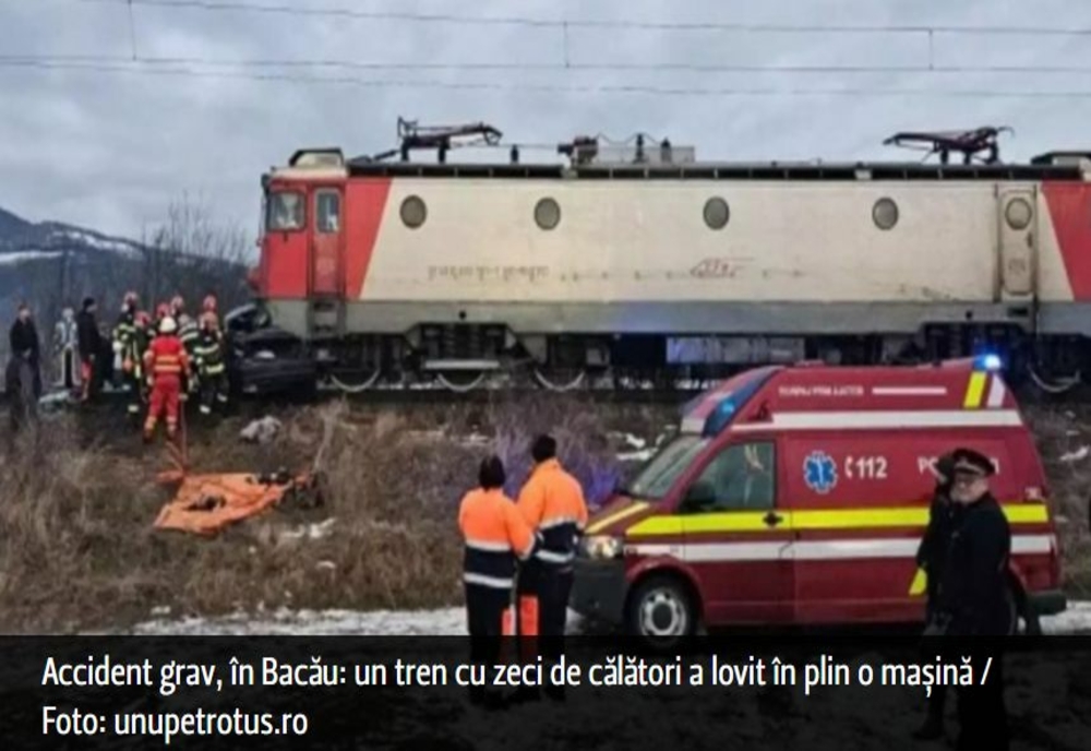 Accident grav, în Bacău: un tren cu zeci de călători a lovit în plin o mașină. Doi tineri, soț și soție, au murit